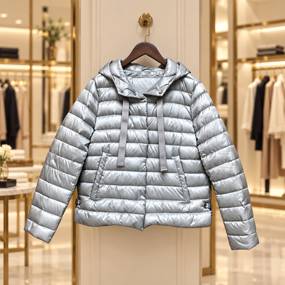 Gray hooded jacket with AI-restyled boutique background; original garment details retained