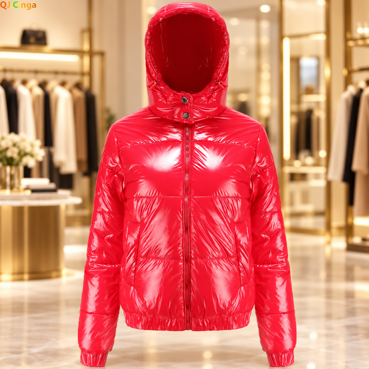 Red hooded jacket with AI-restyled boutique background; original garment details retained