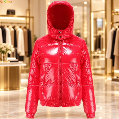 Red hooded jacket with AI-restyled boutique background; original garment details retained