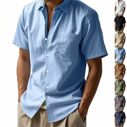 Camisa de lino de color liso de manga corta para hombre