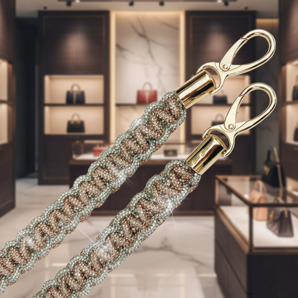 Rose gold and silver braided rhinestone handbag strap with gold-tone clips