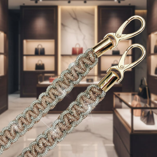 Rose gold and silver braided rhinestone handbag strap with gold-tone clips