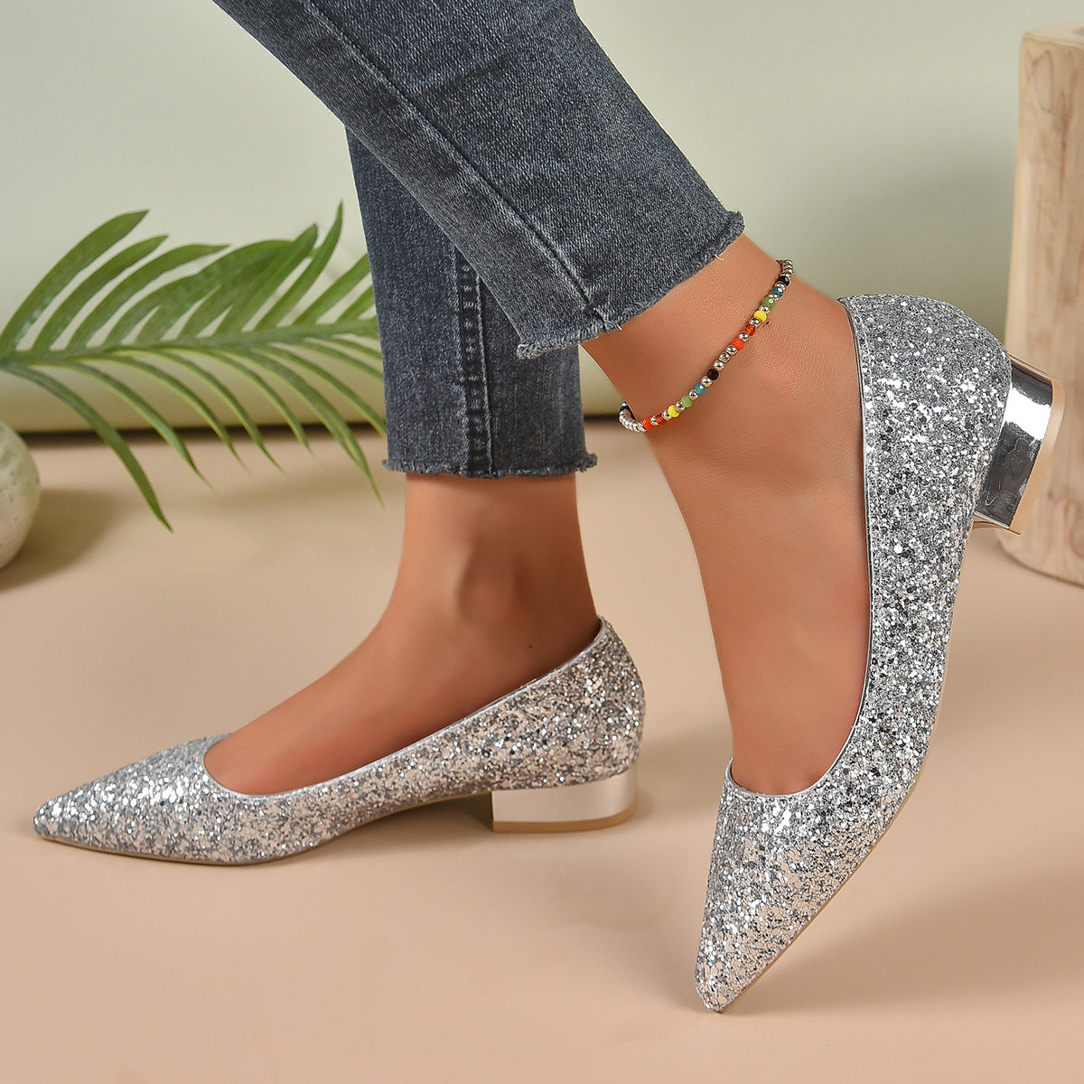 Zapatos de tacón bajo con lentejuelas de cristal para mujer