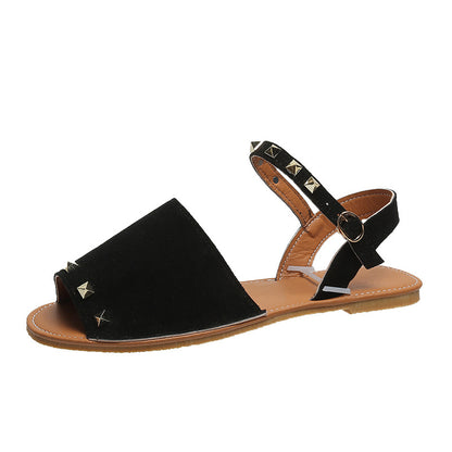 Sandalias con remaches, zapatos de verano de boca de pescado para mujer, sandalias planas de playa