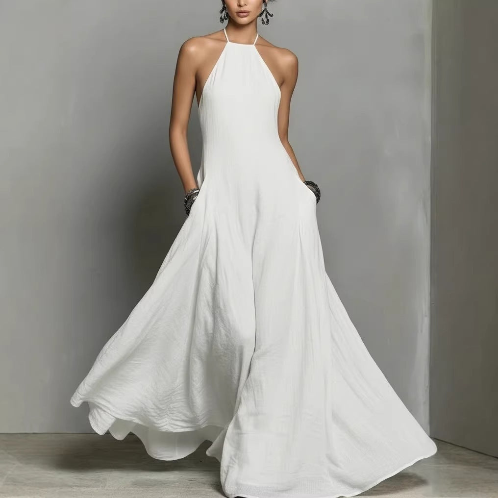 Vestido largo sin mangas de lino y algodón de color liso para mujer