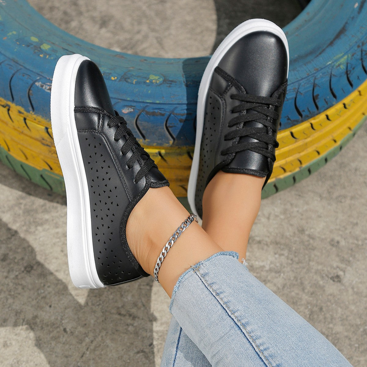 Zapatos planos calados con cordones, zapatos sin cordones calados para caminar para mujer