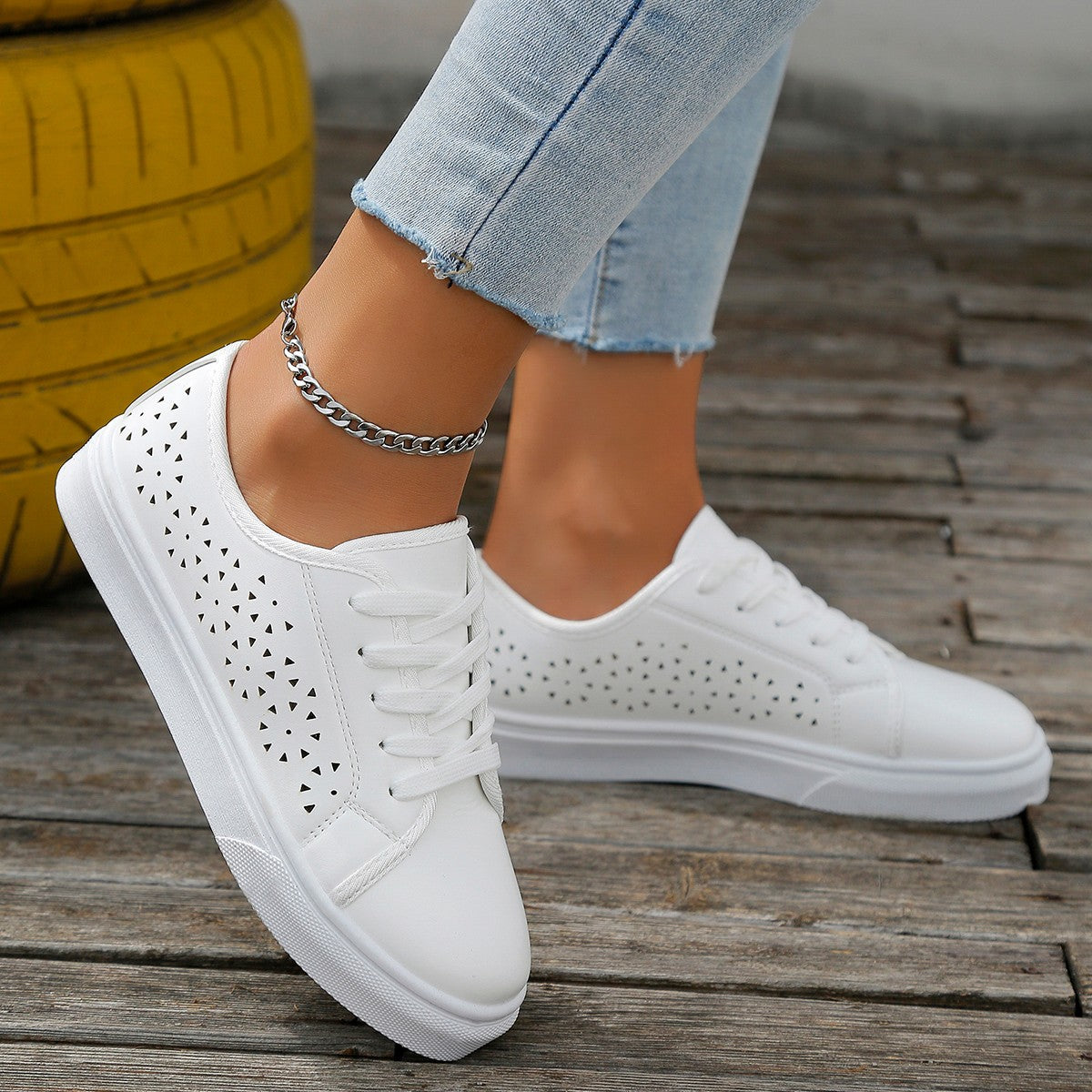 Zapatos planos calados con cordones, zapatos sin cordones calados para caminar para mujer