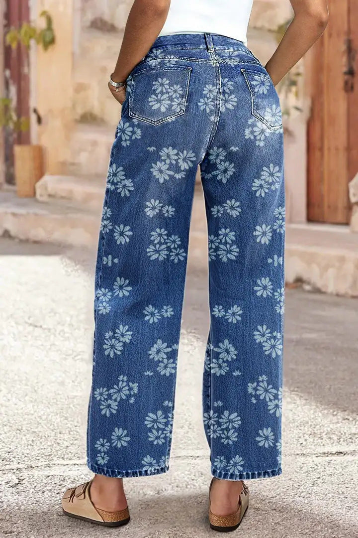 Pantalones vaqueros de pierna recta de talle alto con estampado floral vintage