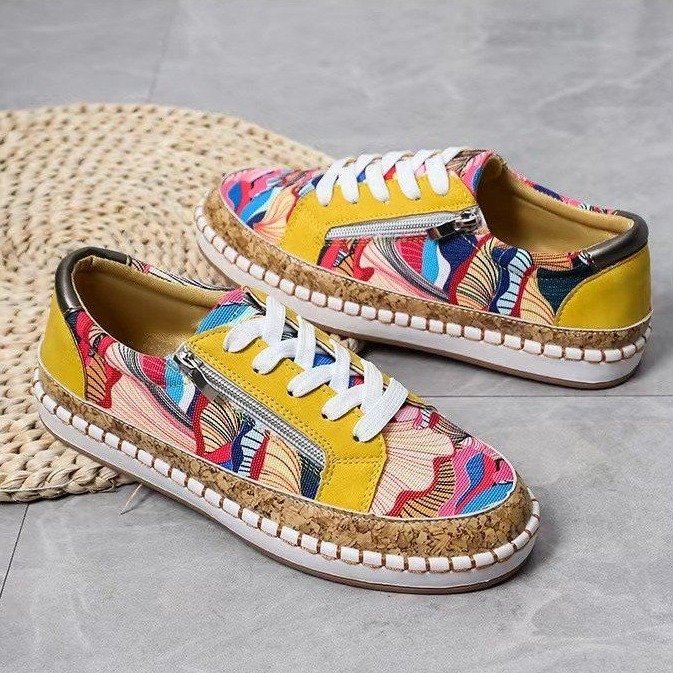 Zapatos planos con estampado étnico, estilo casual, con cremallera lateral y sin cordones, mocasines para mujer