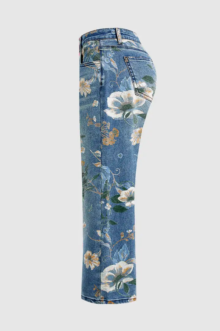 Pantalones vaqueros de pierna recta de talle alto con estampado floral vintage
