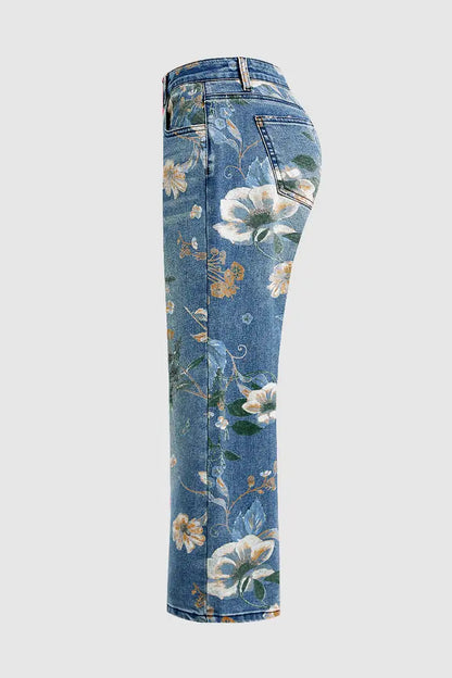 High Waist Straight Leg Jeans Vintage Floral Print Denim Pants