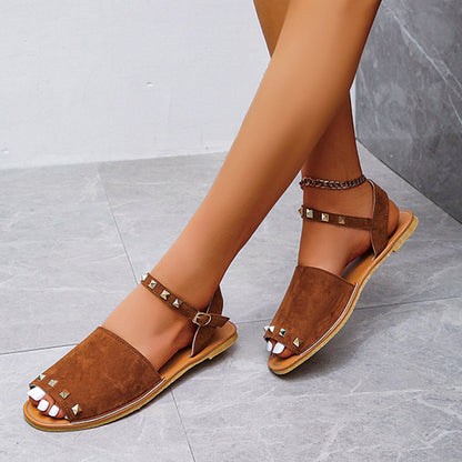 Sandalias con remaches, zapatos de verano de boca de pescado para mujer, sandalias planas de playa