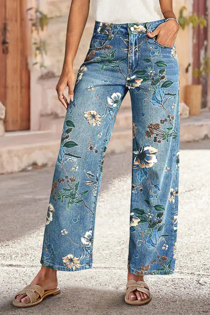 Pantalones vaqueros de pierna recta de talle alto con estampado floral vintage