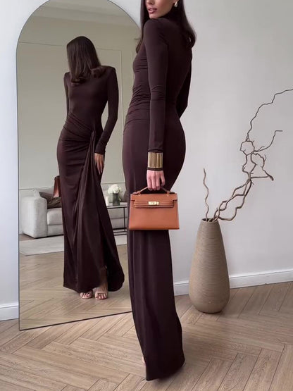 Vestido largo maxi liso de manga larga con abertura