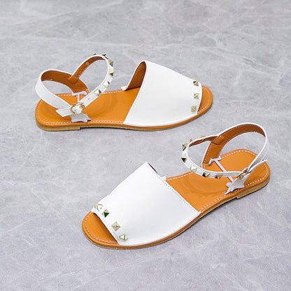Sandalias con remaches, zapatos de verano de boca de pescado para mujer, sandalias planas de playa